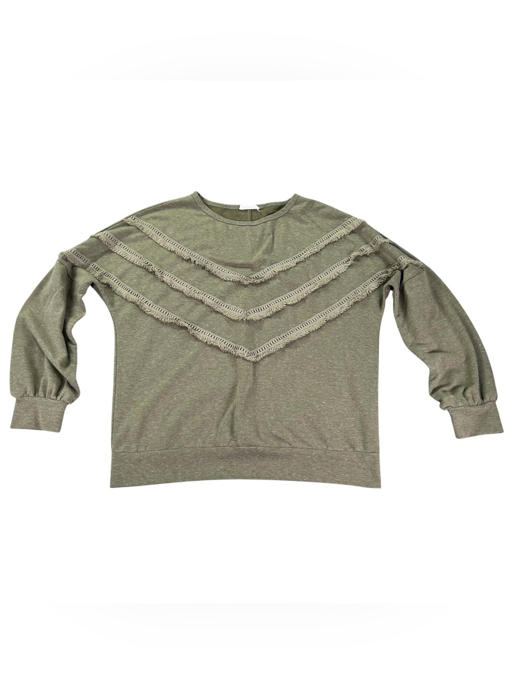 Into The Fringe Top Women’s S Olive Green Chevron Fringe Sweatshirt Boho Western